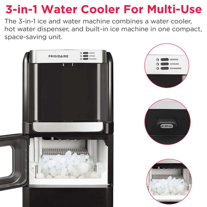 Frigidaire 3-in-1 Hot or Cold Top-Load Water Cooler Dispenser, 5 Gal Bottle, Built-in Bullet Ice Maker, Compact, Black