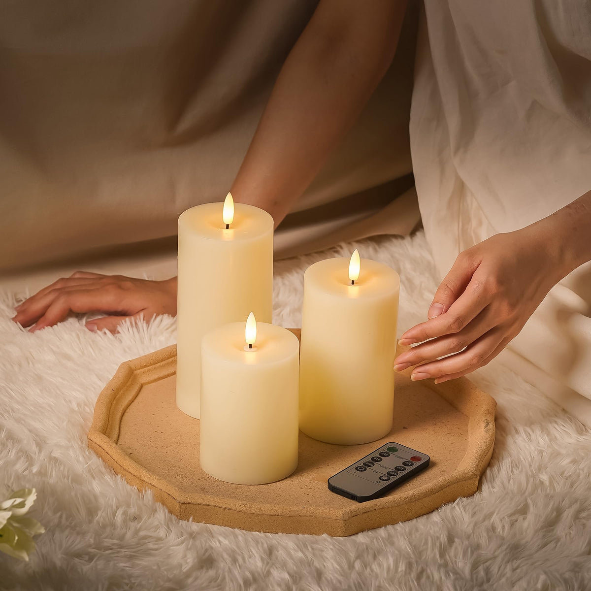 Stmarry Ivory Flameless Candles with Remote and Timer, Real Wax Made LED Pillar Candles Battery Operated with 3D Flickering Flame - 3" x 4",5",6" - Set of 3