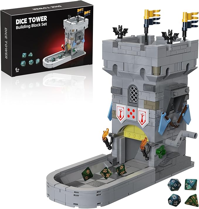 Dice Tower Castle Building Set Creative Tabletop Games Toy with 7-Die Polyhedral Dice for DND Pathfinder Suitable for Gamers and Enthusiasts