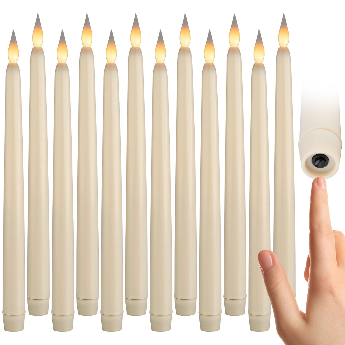 WYZworks 24 Pack, 11" LED Flameless Ivory Taper Flickering Candles Lights, Clickable On/Off Button, Battery Operated Electric Long Tall Candlesticks for Holiday Christmas Candelabra Wedding Window