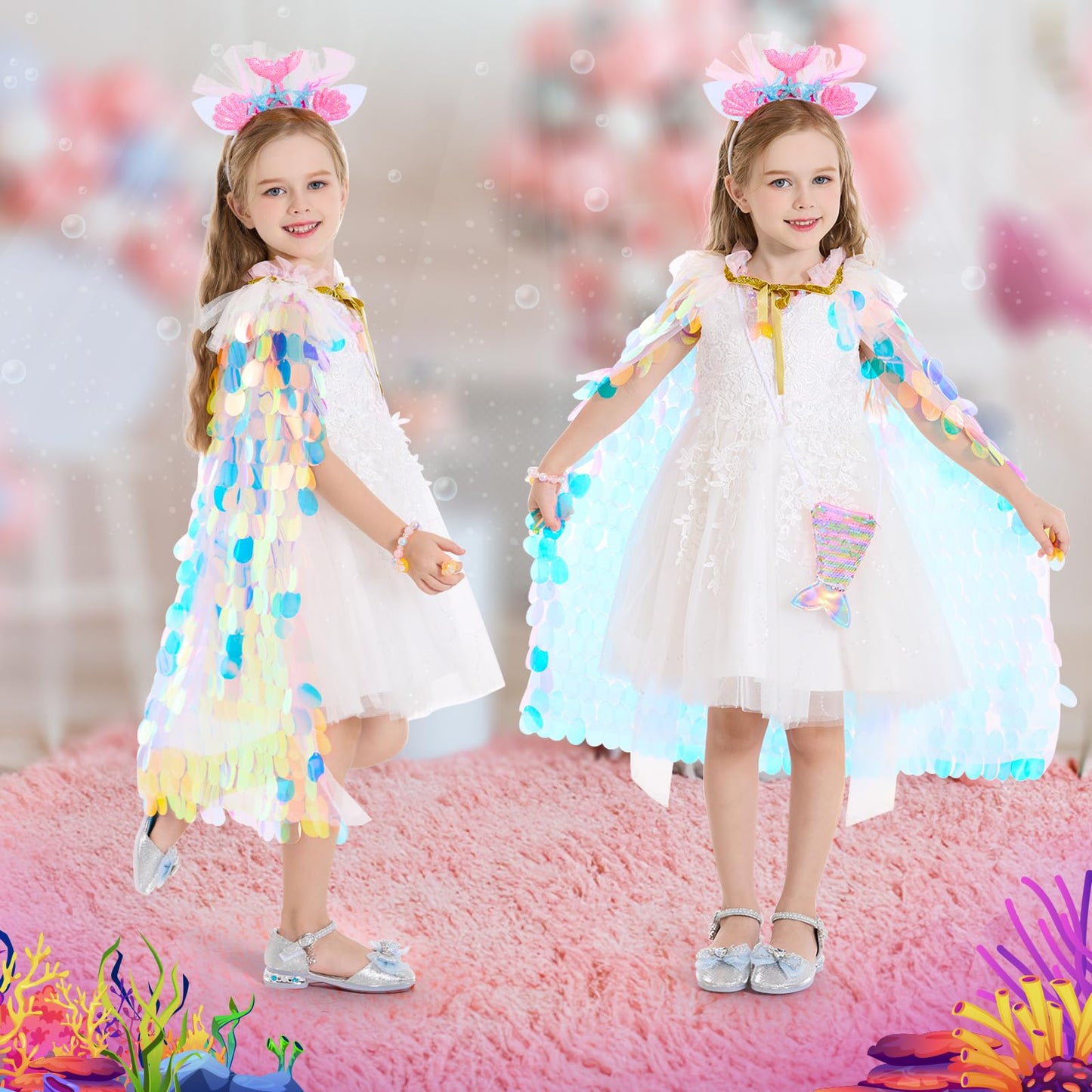 LIMIROLER Princess Dress Up Toys Princess Dress Up Clothes Rainbow Mermaid Cape Kit 9 Pcs Gift Set for Little Girls 3-8 Years Old, Great Gift Set for Birthday Christmas Halloween (Rainbow Pink)