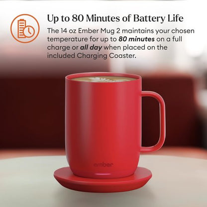 Ember Temperature Control Smart Mug 2, 14 Oz, App-Controlled Heated Coffee Mug with 80 Min Battery Life and Improved Design, Red