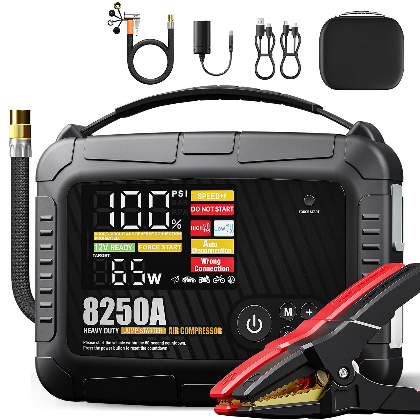 JFEGWO 8250A Heavy Duty Jump Starter with Air Compressor, 32000mAh 65W Fast Charging Portable Car Battery Booster Power Pack (for All Gas 12L Diesel), 150 PSI Tire Inflator, HD Display 12V Jump Box