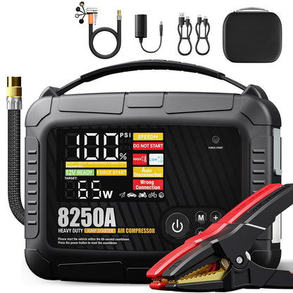 JFEGWO 8250A Heavy Duty Jump Starter with Air Compressor, 32000mAh 65W Fast Charging Portable Car Battery Booster Power Pack (for All Gas 12L Diesel), 150 PSI Tire Inflator, HD Display 12V Jump Box