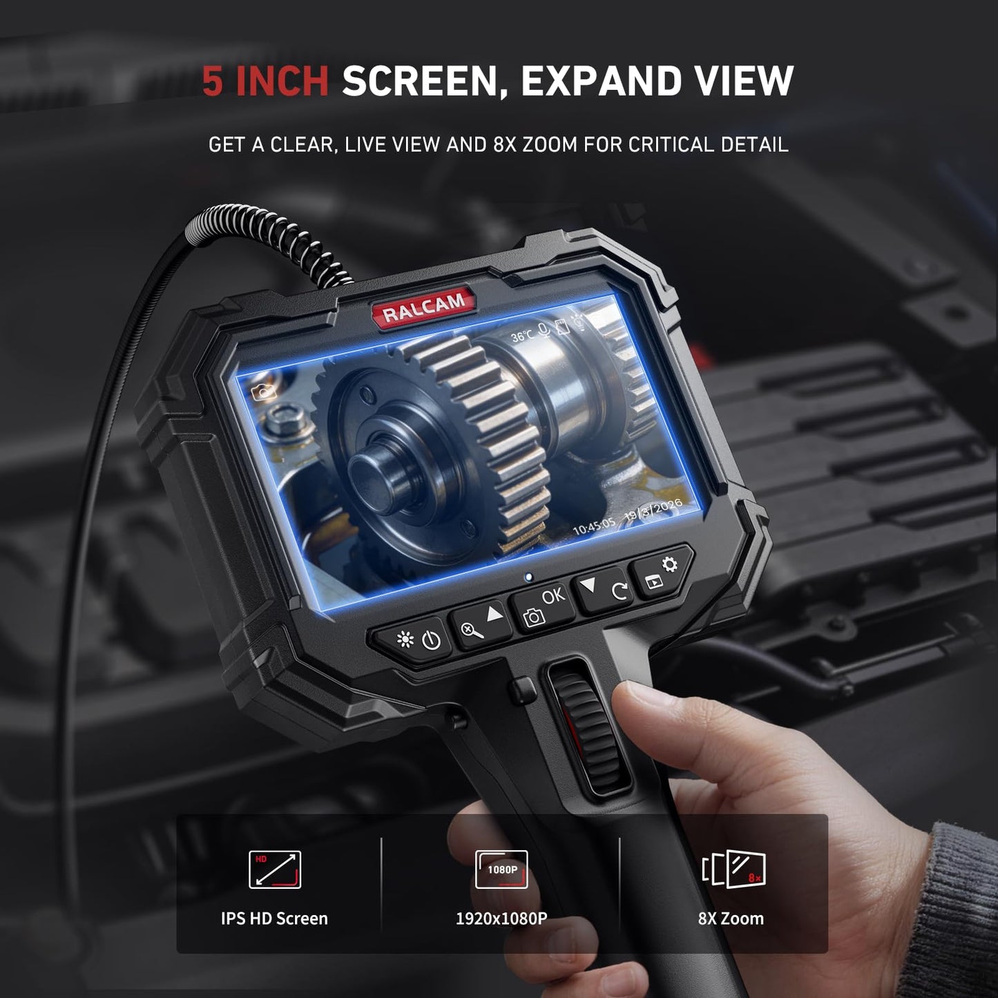 10FT Two-Way Articulating Borescope with 5" HD Screen, Industrial Endoscope Camera with Light, 0.33in Slim Probe Video Inspection for Automotive Engine, HVAC, Mechanics, Wall