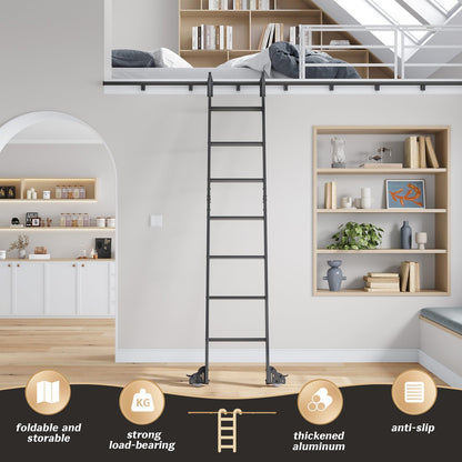 Fredbeck 8ft Rolling Library Aluminium Step Ladder 96" with 4FT Sliding Hardware Track Kit Bottom Wheel Included,for Kitchen,Loft,Warehouses,Bookstore,Atti,Dressing Room,Metal Black