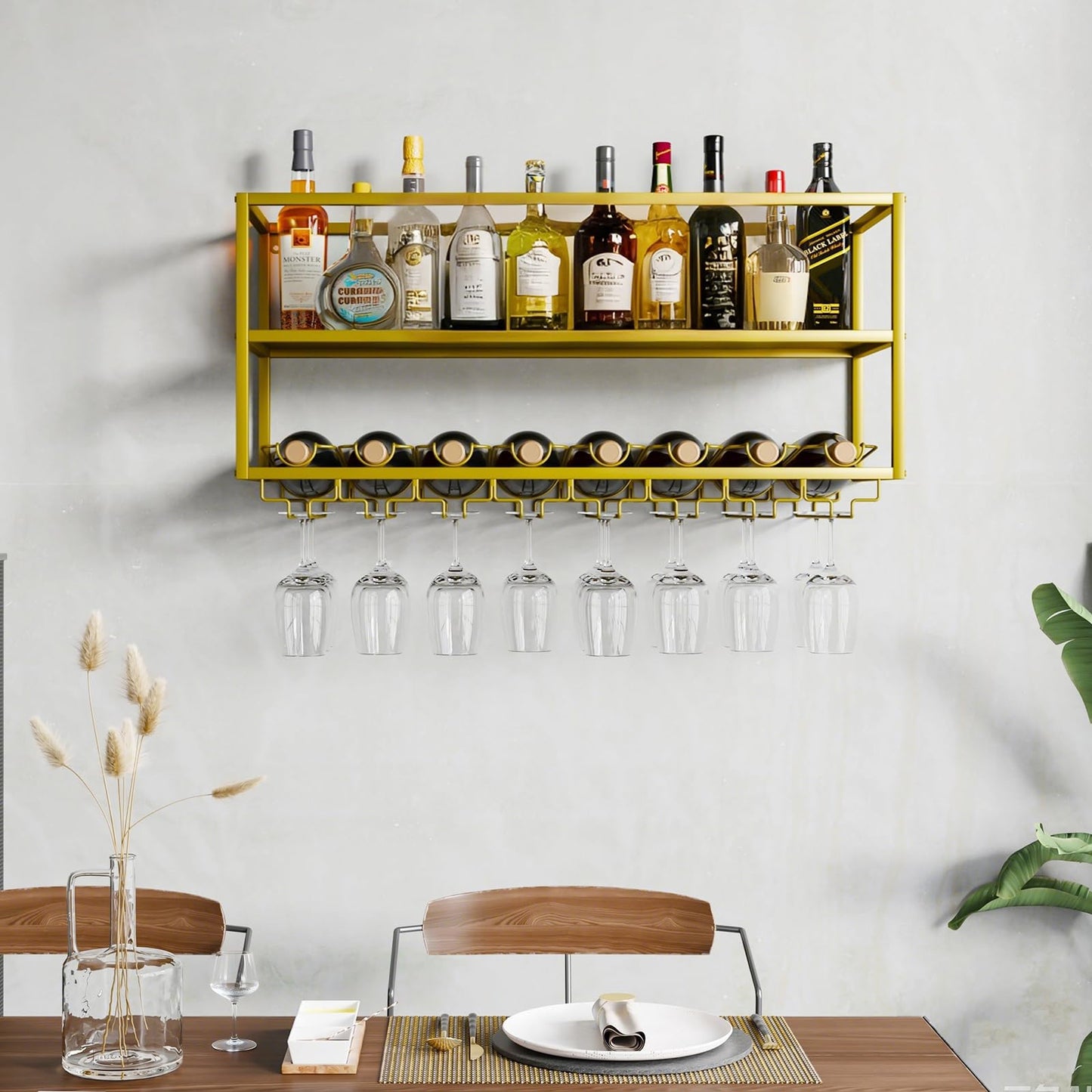 AKOGG Modern Wine Rack Wall Mounted with Glass Holder,Metal Liquor Shelf, Floating Bar Shelves,Liquor Bottle Display Shelf,Hanging Large Capacity Wine Storage Racks for Home Kitchen Dining Room
