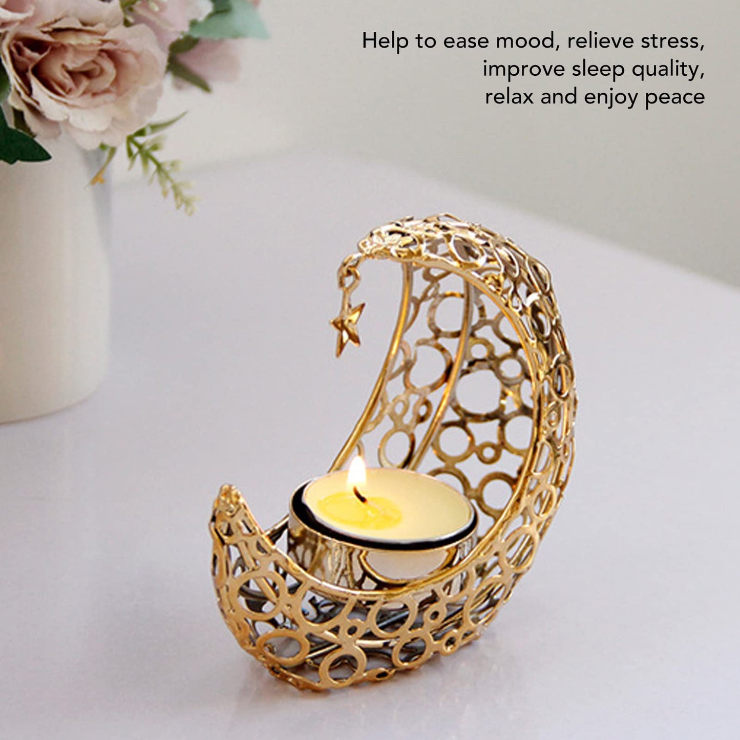 BSTiltion Moon Candlestick Holder Iron Hollowed Candle Holder with Elegant Design for Home Decor Wedding Christmas Decoration (Gold)