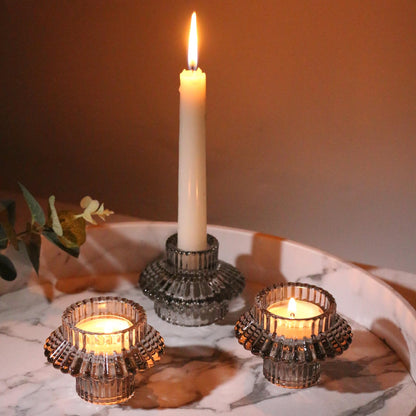 CHOCSTAY Reversible Candlestick Holders Set of 3, Gray Glass Taper and Tealight Candle Holders for Table Centerpiece, Wedding, Party, Home Decor