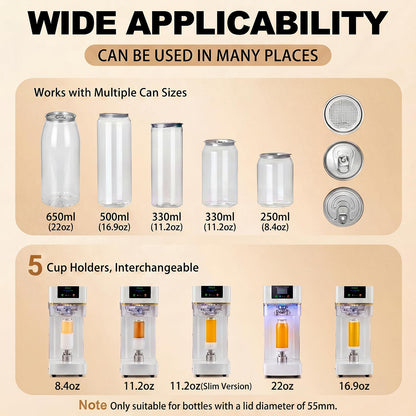 Commercial Can Sealer Machine, Automatic 202# (55mm) Soda Can Sealing Machine with 5 Can Holder Sets for Aluminum & Plastic Cans, Heavy-Duty Beverage Can Sealer for Caffee &bubble tea Shops,Black