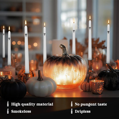 12 Pack Halloween Taper Candles - 10 Inch White Ghost Face Smokeless Candles, Long-Lasting 7+ Hour Burn, Premium Wax for Spooky Decor & Parties
