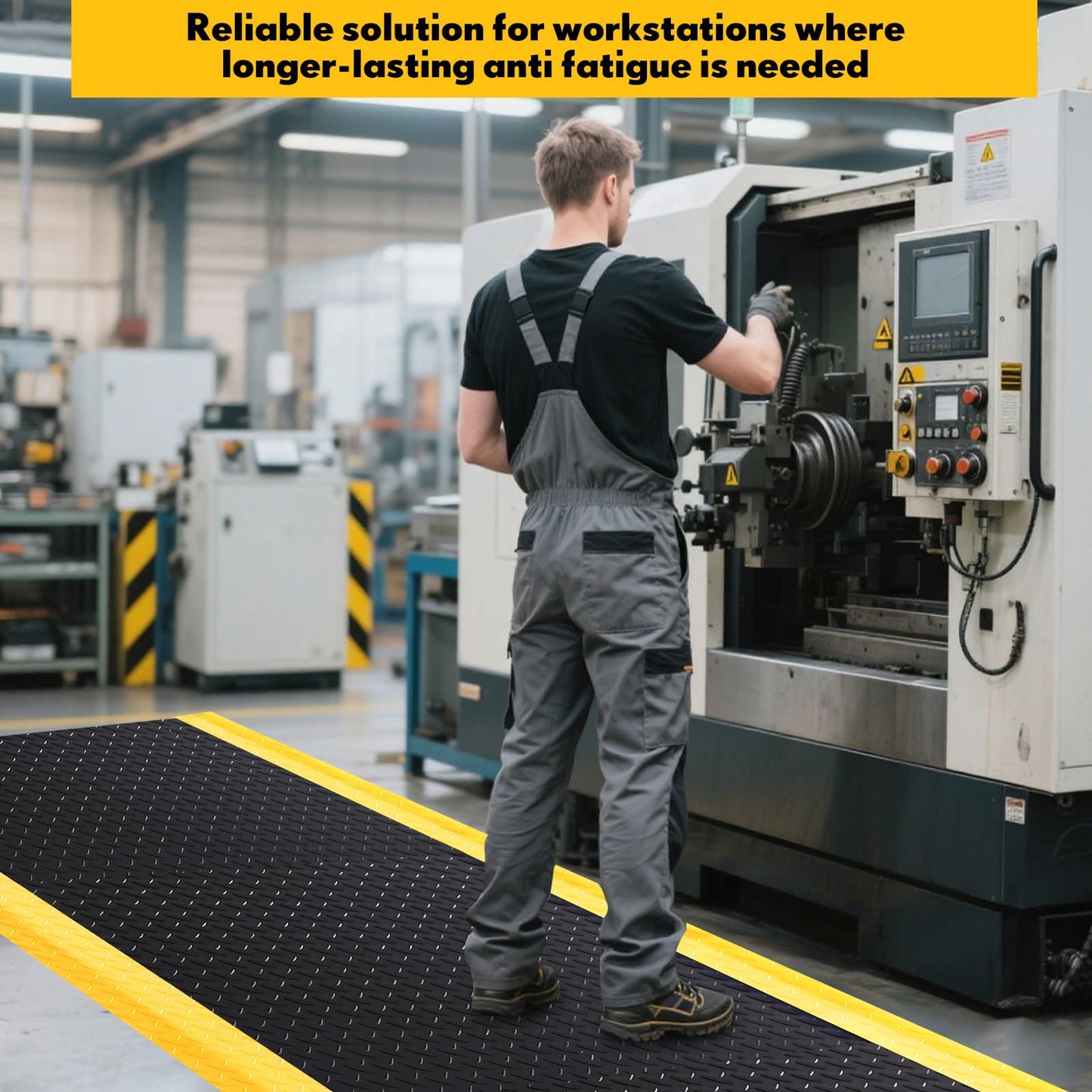 Drydiet 1 Pcs 3'x12' Anti Fatigue Mat Industrial, ESD Conductive Pad with Ground Wire, Heavy Duty Ergonomic Standing Floor Mat for Commercial Work, Shop Stand, Thick 3/4" Black with Yellow Border