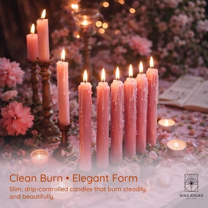 SOUL STICKS Friendship Magic Spell Chime Taper Candles 20 Pack - Ideal for Altar, Rituals, Ceremonies, Meditation Pink Taper Candle for Witchcraft Supplies, Wiccan Supplies, Candles Clearance