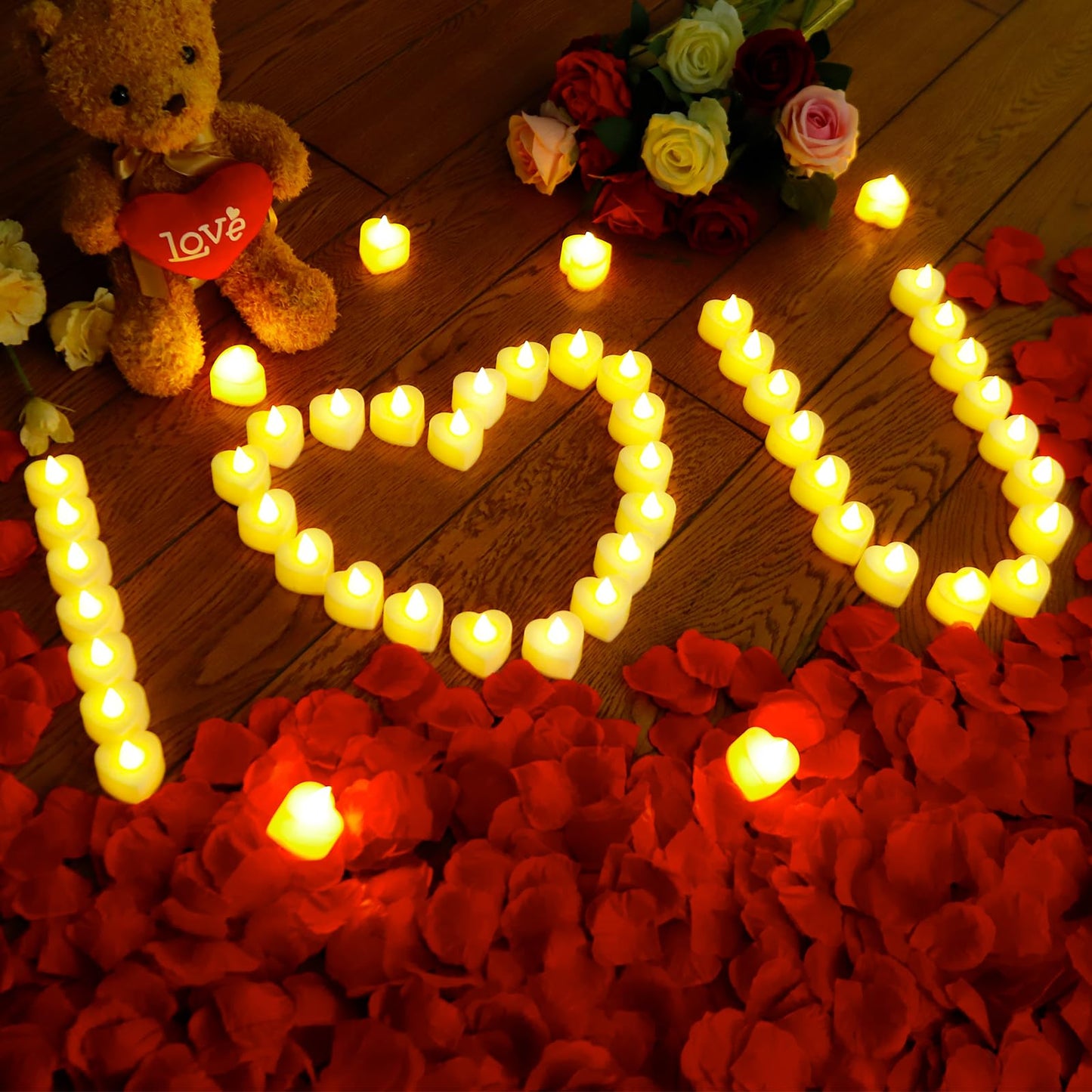 JMUQ 7000 Pieces Artificial Rose Petals with 72 Pieces Romantic Heart Led Tealight Candles, Rose Petals and Candles Set for Weddings Anniversaries Proposals Decor(Warm White Light)
