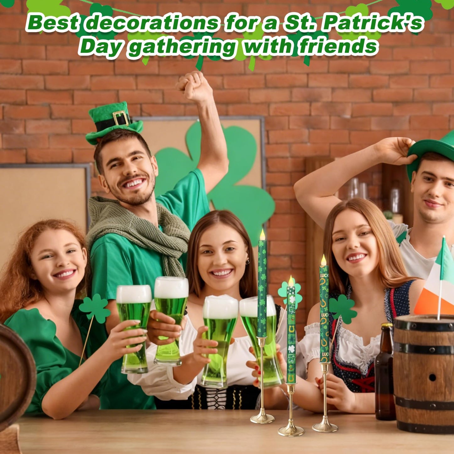 LCZLUMIPRO 6Pcs St. Patrick' s Day Flameless Taper Candles, 10.63" Green Battery Operated LED Shamrock Candles with Lucky Charms,Remote Timer, Candlesticks,Irish Party Favor Gifts for Home Table Decor