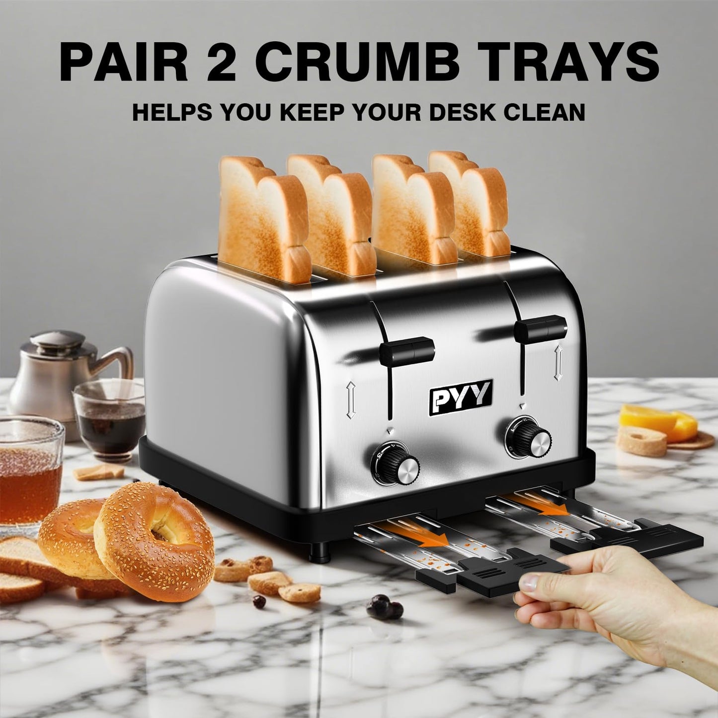 PYY 4 Slice Toaster - 1800W Stainless Steel Heavy Duty Toaster