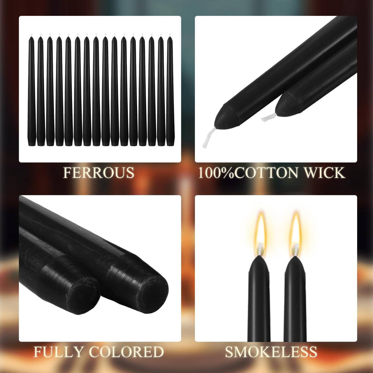 MTLEE 16 Pcs 10 Inch Long Tapered Candle Stick Bulk Smokeless Unscented Burning Candlestick Paraffin Wax with Cotton Wick for Valentine's Day Baby Shower Wedding Holiday Party Church (Black)