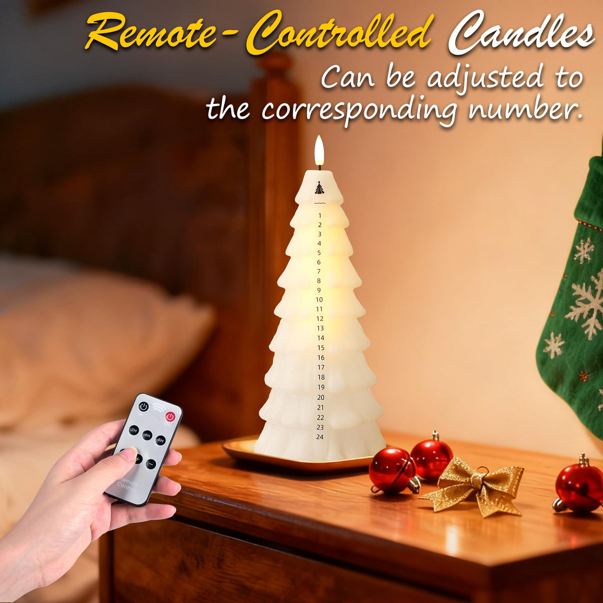 Flameless Christmas Countdown Candles with Remote, 3D Flickering Flame Christmas Tree Battery Operated LED Advent Calendar Candle, 24-day Automatic Xmas Countdown, Christmas Decoration for Home