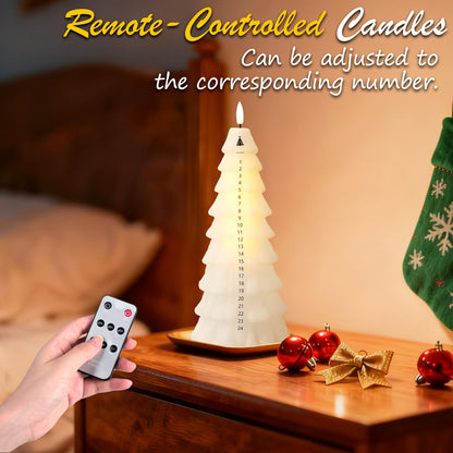 Flameless Christmas Countdown Candles with Remote, 3D Flickering Flame Christmas Tree Battery Operated LED Advent Calendar Candle, 24-day Automatic Xmas Countdown, Christmas Decoration for Home