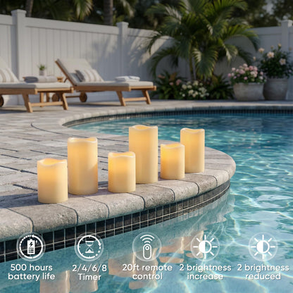 Amagic Outdoor Waterproof Flameless Candles with Timer, Battery Operated Candles with Remote Control, D3 x H4 5" 6" Electric LED Pillar Candle for Outside Patio, Garden, Indoor Decor, Ivory, Set of 3