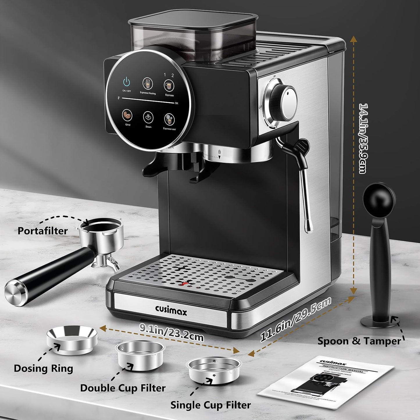 Espresso Machine with Grinder, 20 Bar Professional Expresso Coffee Machines with Milk Frother Steam Wand, Espresso Maker with 60oz Removable Water Tank, Cappuccino & Latte Machine for Home (Black)