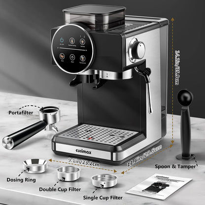 Espresso Machine with Grinder, 20 Bar Professional Expresso Coffee Machines with Milk Frother Steam Wand, Espresso Maker with 60oz Removable Water Tank, Cappuccino & Latte Machine for Home (Black)