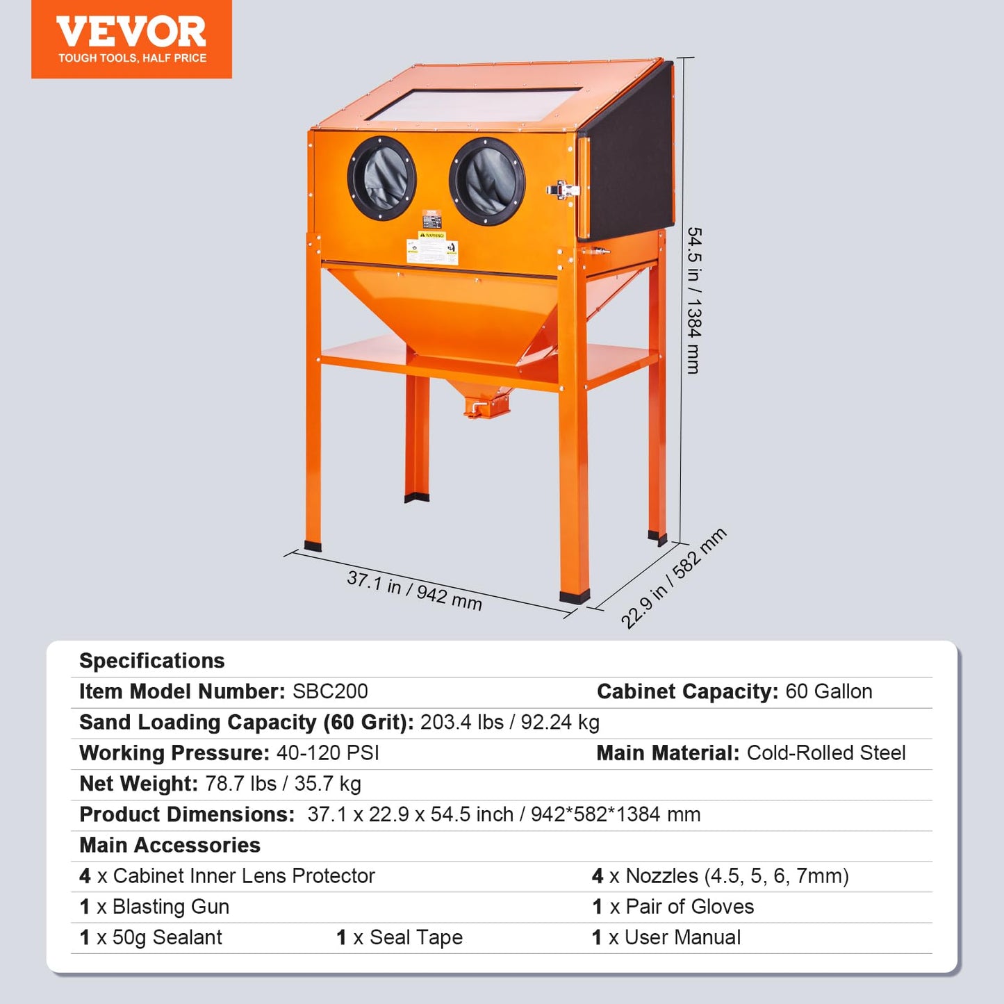 60 Gallon Sandblasting Cabinet, 40-120PSI Sand Blasting Cabinet with Stand, Heavy Duty Steel Sand Blaster with Blasting Gun & 4 Ceramic Nozzles for Paint, Stain, Rust Removal