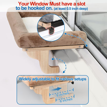 Zakkart Cat Perch for Window Sill with Bolster - Orthopedic Hammock Design with Premium Hardwood & Robust Metal Frame - Cat Window Seat for Large Cats and Kittens - Natural Color Wood with Gray Bed