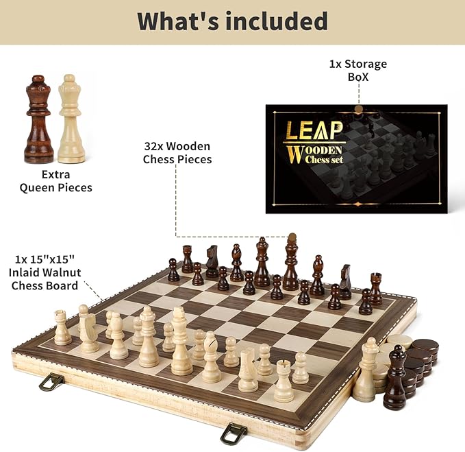 LEAP Wooden Chess and Checker Sets - 15 Walnut &amp Maple Folding Chess Board with 2 Extra Queens | Chess Board Set | Wooden Chess Sets for Adults
