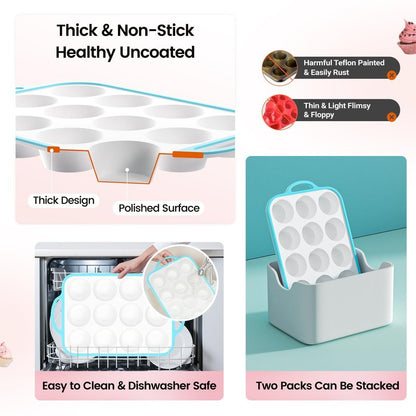 Fimary Silicone Muffin Pans for Baking 2 Pack, 2.6 Inch with Metal Reinforced Frame, Regular Size Nonstick Cupcake Pan 12 Cups for Baking Homemade Muffins, Dishwasher Safe BPA Free-Blue