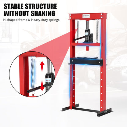 12-Ton H-Frame Hydraulic Press with Adjustable Table & 2 Press Plates, Heavy-Duty Shop Press for u-Joints, Metal Bending, and Garage Repairs
