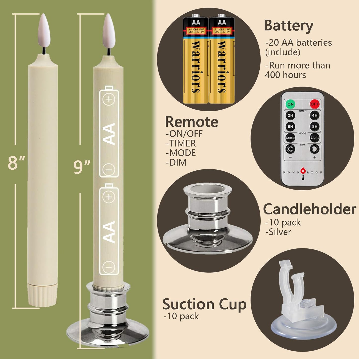 10 Pack Window Candles + 20 AA Batteries(Include, Run More Than 400 Hours) + Silver Candleholders + Suction Cups, 8'' Tall. IVORY LED Battery Powered Candle. 3D Flickering Wick, Timer Function