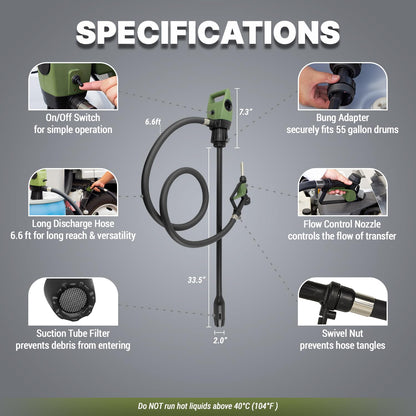 TERA PUMP Electric DC20V Drum Transfer Pump, Intake Filter-equipped, 55 Gallon Drums, Flow Control Nozzle, 7.6 Gal/Min