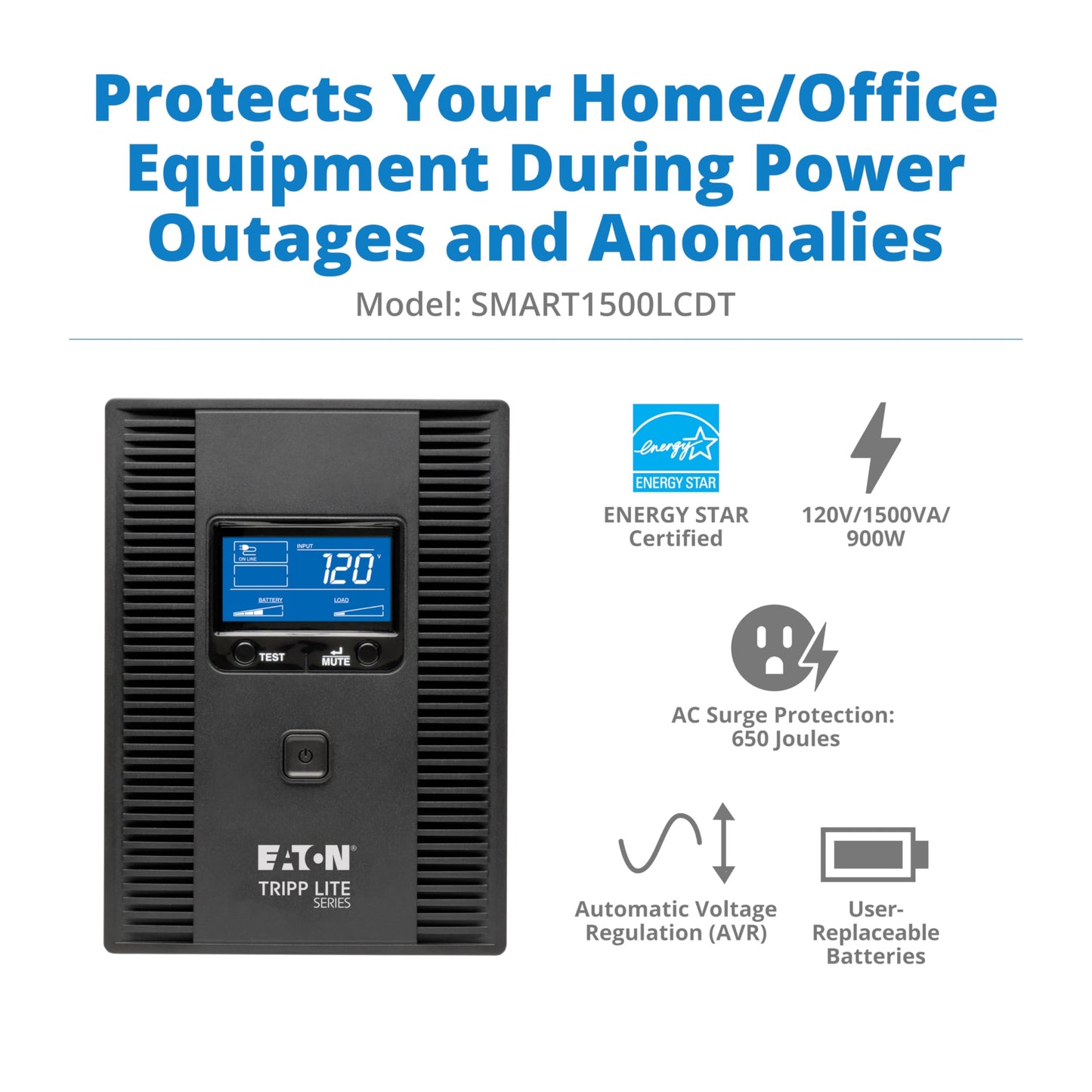 Eaton Tripp Lite Series SMART1500LCDT 1500VA UPS Battery Backup Computer Uninterruptible Power Supply Units & Surge Protector, 900W, 10 Outlets, AVR, LCD Screen, 3 Year Warranty & $250,000 Insurance