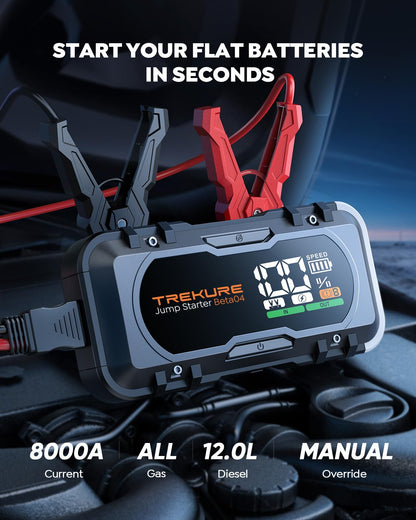 8000A Car Battery Jump Starter, Battery Jumper Starter Portable (All Gas/12L Diesel), 27000mAh 65W Charging Jump Box, Portable Car Jump Starter with 160W DC, 600LM Light, Extended Jumper Cables