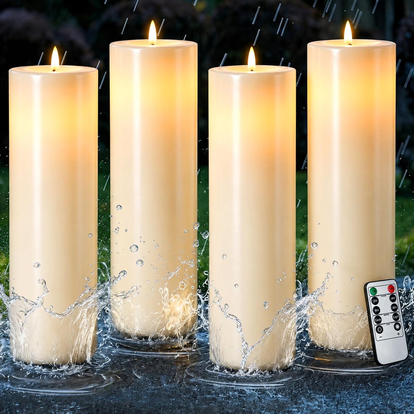 Gerrii 4 Pack 15" x 4" Large Outdoor Flameless Candle LED Waterproof Battery Operated Candle with Timer Remote Control Electric Flickering Flameless Tall Pillar for Patio Porch Lantern Indoor Decor