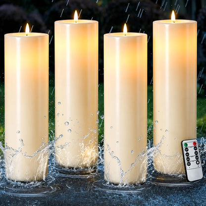 Gerrii 4 Pack 15" x 4" Large Outdoor Flameless Candle LED Waterproof Battery Operated Candle with Timer Remote Control Electric Flickering Flameless Tall Pillar for Patio Porch Lantern Indoor Decor
