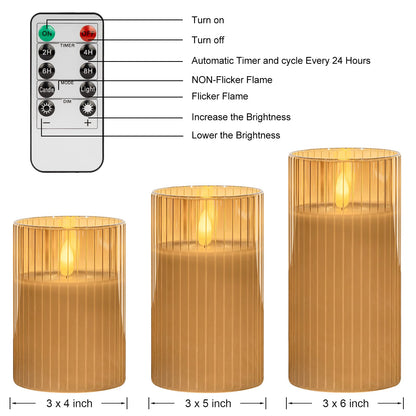 ANGELLOONG Glass LED Flameless Candles Battery Operated with Remote Control, Flickering Candles with Timer, Electric Gold Candles for Home Bathroom Fireplace Decor, Set of 3