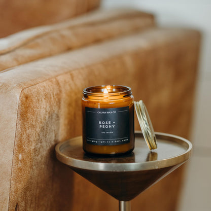 Calyan Wax Co. Rose & Peony Scented Candle - 57 Hour Burn - Luxury Clean Soy Wax Candles - Long Lasting Amber Glass Jar Candle for Home - 7.2oz