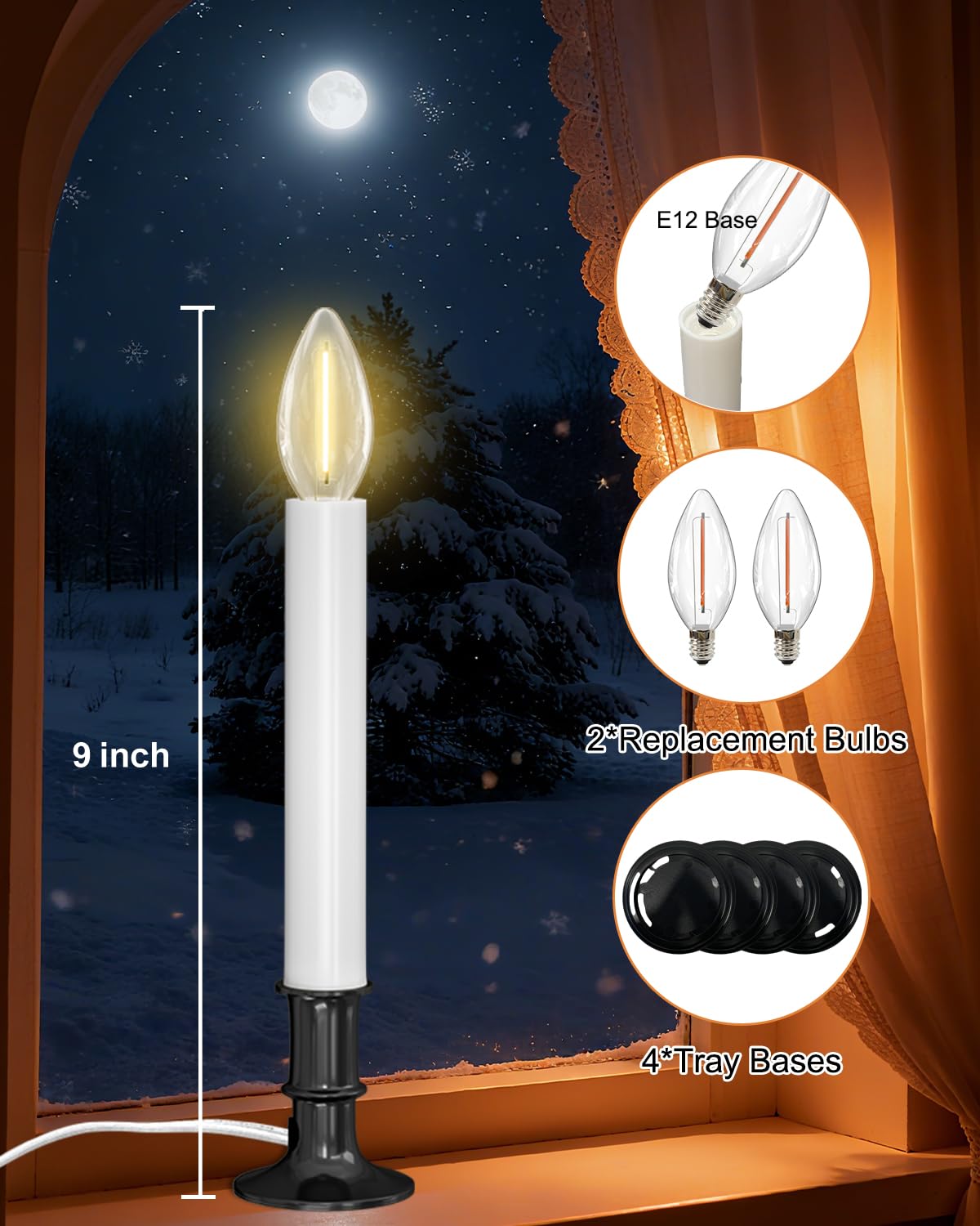 Electric Window Candle Lights with Auto Sensor, Dusk to Dawn Candle Lamps with Nickel Plated Base, 9 Inch Plug in Window Lights with 0.6W LED Shatterproof E12 Bulbs for Christmas Decor, 4 Pack