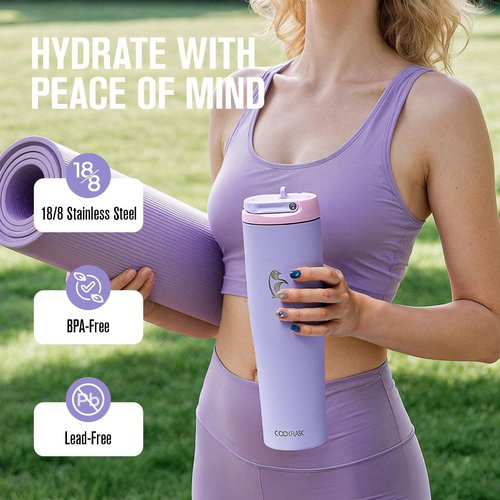 Coolflask Water Bottle 40 oz Fits Car Cup Holder, Slim Tumbler Stainless Steel with Straw & Handle, Vacuum Flask Leakproof Wide Mouth for Travel Sports Gym, Lavender