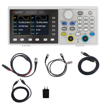 OWON DGE2070 70MHz Dual Channel Arbitrary Waveform Generator, 300MSa/s Sampling Rate, 14-Bit Resolution, 150 Built-in Waveforms, 3.6” LCD, Portable Signal Generator for Lab & Electronics Testing