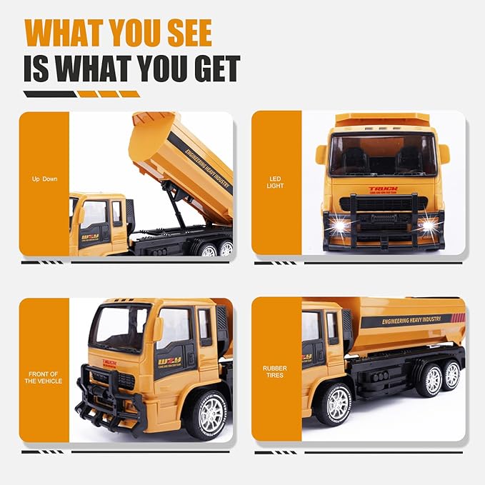 Remote Control Dump Truck for Kids 2.4GHz RC Construction Vehicle with LED Lights 45° Dumping Function 2 Rechargeable Batteries Toy Truck for Boys Girls 3 4 5 6 7 8 Years Old