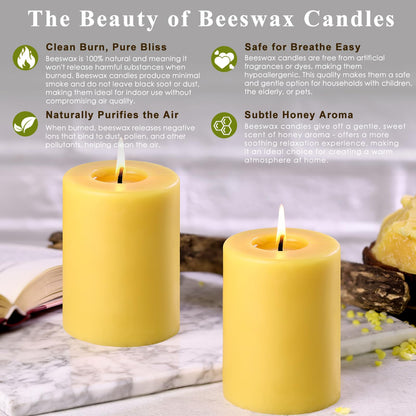 Natural Beeswax Candles Pillar 3x4 inch, 4 Packs Pure Beeswax Candle Non Toxic for Home Decor, Large Bees Wax Pillar Candle with 60 Hours Long Burning Time for Emergency, Meditation, Relax