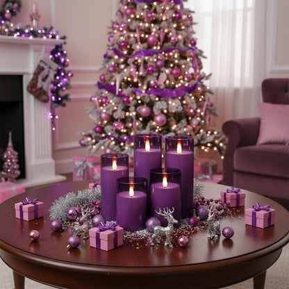 Homemory Purple Flickering Flameless Candles, Battery Operated Acrylic LED Pillar Candles with Remote Control and Timer, Purple Decor, Set of 5