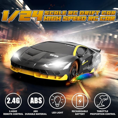 RC Drift Car Remote Control Car 2.4GHz 1/24 4WD 15KM/H High Speed Racing Sport with LED Lights Drifting Tire Toy for Adults Boys Girls Kids Gift 2Pcs Rechargeable Batteries
