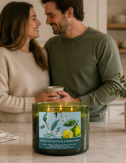 Eucalyptus Bergamot 3 Wick Candle for Home Scented | 15.8 oz Large Soy Candle | Spa Aromatherapy Candles for Home Stress Relief Relaxation | Clean Burn | Gift for Women & Men Housewarming