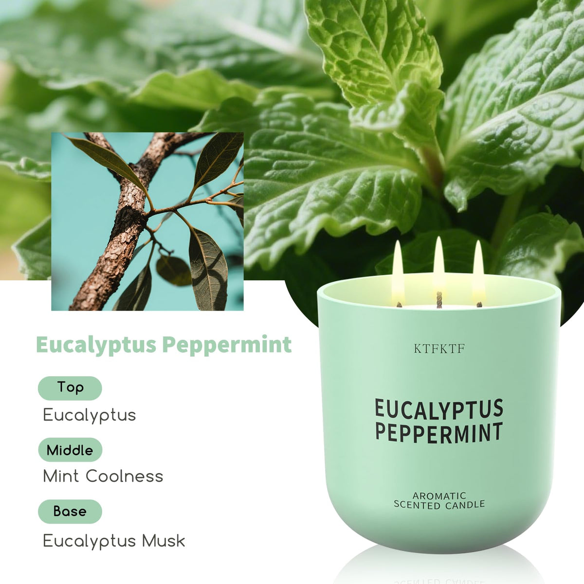 KTFKTF Eucalyptus Peppermint Scented Candle for Home, 14.1oz 80 Hours Long Lasting Aromatherapy Candles for Stress Relief & Energy, Non-Toxic Essential Oil & Soy Wax | Cooling Mint & Woody Aroma