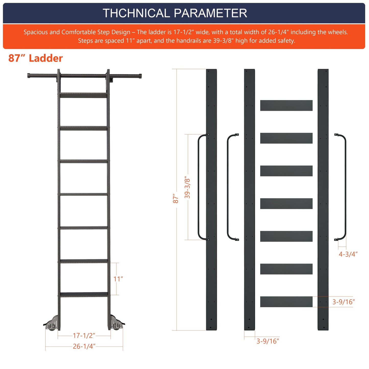 HARDJULAN 87" Telescopic Sliding Library Ladder with Handrail – Lightweight Aluminum Rolling Ladder with Braking Wheels, 4FT Hook Ladder Track Kit for Home, Loft, and Bookshelves
