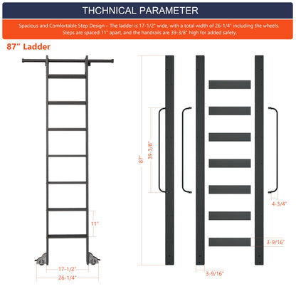 HARDJULAN 87" Telescopic Sliding Library Ladder with Handrail – Lightweight Aluminum Rolling Ladder with Braking Wheels, 4FT Hook Ladder Track Kit for Home, Loft, and Bookshelves